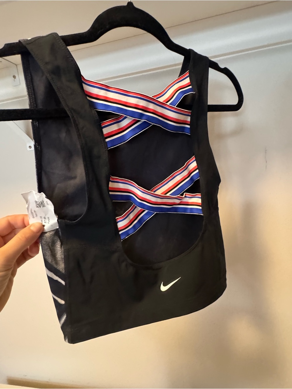 Nike Black Sports Bra with Red, White and Blue Striped Crisscross Straps